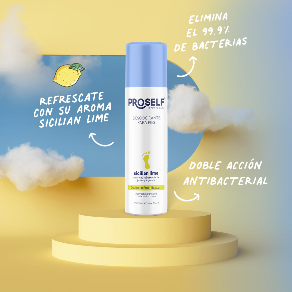 Desodorante para Pies en Aerosol PROSELF, Contra mal olor, Aroma a lima siciliana - 200 ml - Imagen 2