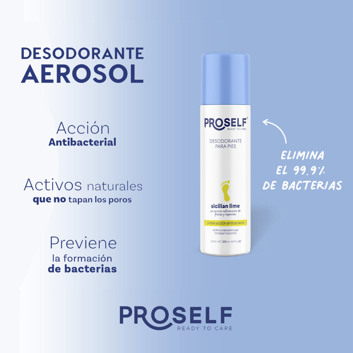 Desodorante para Pies en Aerosol PROSELF, Contra mal olor, Aroma a lima siciliana - 200 ml - Imagen 3